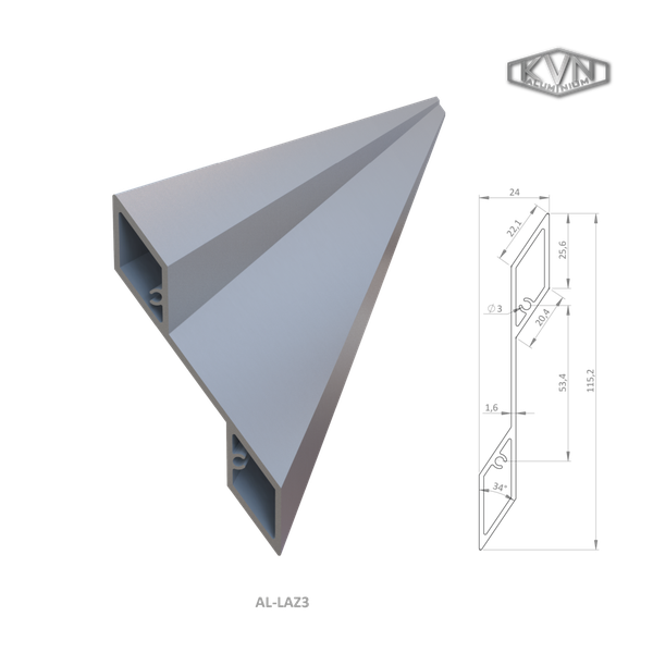 1,6 mm hrubý profil na výplň 115,2x24,4x6000mm, materiál EN AW-6060 T66 AL-LAZ3-6