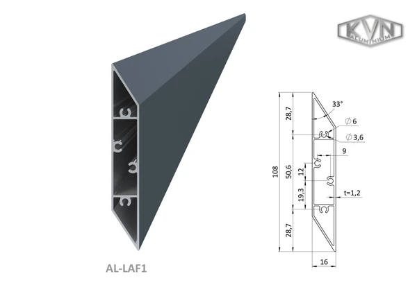 Hliníkový profil na výplň 108x16x6000mm antracit RAL7016,materiál EN AW-6060 T66, AL-LAF1-7016-6