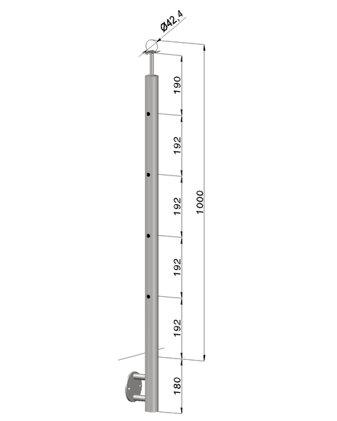 nerezový stĺp, bočné kotvenie, 4 dierový koncový, ľavý, vrch pevný (ø 42.4x2mm), leštená nerez /AISI304