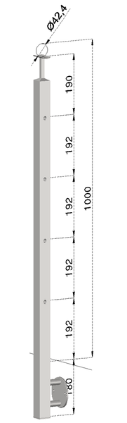 nerezový stĺp, bočné kotvenie, 4 dierový priechodný, vrch pevný (40x40mm), brúsená nerez K320 /AISI304