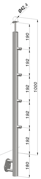nerezový stĺp, bočné kotvenie, 4 radový priechodný, vonkajší, vrch pevný, (ø 42.4x2mm), brúsená nerez K320 /AISI304