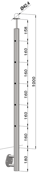 nerezový stĺp, bočné kotvenie, 5 dierový koncový, ľavý, vrch pevný (ø 42.4x2mm), brúsená nerez K320 /AISI316