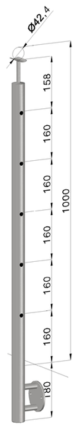 nerezový stĺp, bočné kotvenie, 5 dierový koncový, pravý, vrch pevný (ø 42.4x2mm), leštená nerez /AISI304