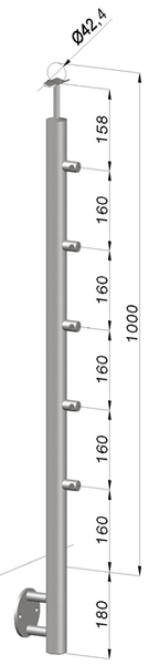 nerezový stĺp, bočné kotvenie, 5 radový priechodný, vonkajší, vrch pevný (ø 42.4x2mm), leštená nerez /AISI304