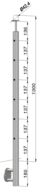 nerezový stĺp, bočné kotvenie, 6 dierový koncový, ľavý, vrch pevný (ø 42.4x2mm), brúsená nerez K320 /AISI316