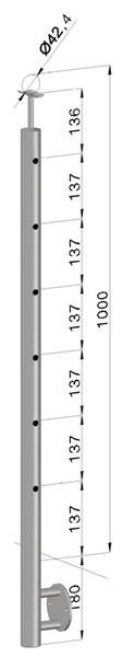 nerezový stĺp, bočné kotvenie, 6 dierový priechodný, vrch pevný (ø 42.4x2mm), brúsená nerez K320 /AISI304