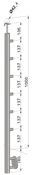 nerezový stĺp, bočné kotvenie, 6 radový priechodný, vnútorný, vrch pevný (ø 42.4x2mm), leštená nerez /AISI304