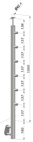 nerezový stĺp, bočné kotvenie, 6 radový priechodný, vonkajší, vrch pevný (ø 42.4x2mm), brúsená nerez K320 /AISI316