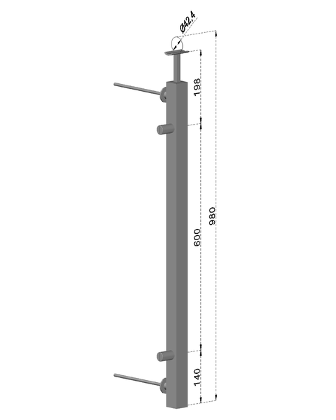 nerezový stĺp, bočné kotvenie, výplň: plech, ľavý, vrch pevný, (40x40x2.0mm), brúsená nerez K320 /AISI304