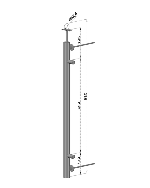 nerezový stĺp, bočné kotvenie, výplň: plech, pravý, vrch pevný, (ø 42.4x2mm), brúsená nerez K320 /AISI304
