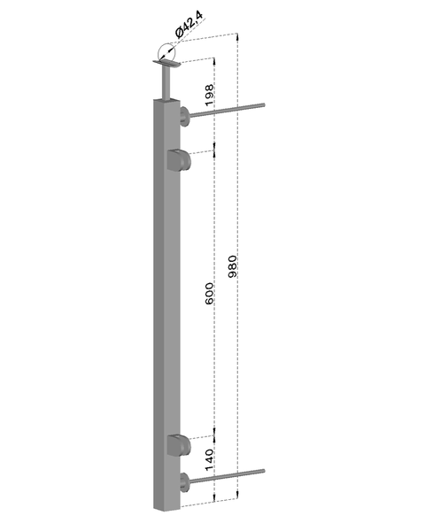 nerezový stĺp, bočné kotvenie, výplň: sklo, pravý, vrch pevný, (40x40x2.0mm), brúsená nerez K320 /AISI304
