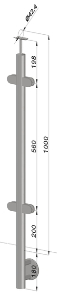 nerezový stĺp, bočné kotvenie, výplň: sklo, priechodný, vrch pevný, (ø 42.4x2mm), brúsená nerez K320 /AISI304