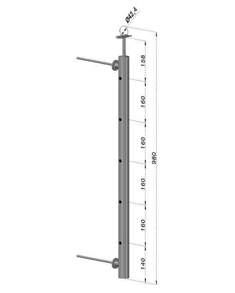 nerezový stĺp na francúzsky balkón, bočné kotvenie, 5 dierový, ľavý, vrch pevný, (ø 42.4x2mm), brúsená nerez K320 /AISI304