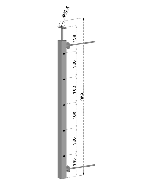 nerezový stĺp na francúzsky balkón, bočné kotvenie, 5 dierový, pravý, vrch pevný, (40x40x2.0mm), brúsená nerez K320 /AISI304