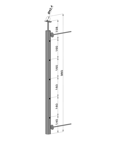nerezový stĺp na francúzsky balkón, bočné kotvenie, 5 dierový, pravý, vrch pevný, (ø 42.4x2mm), brúsená nerez K320 /AISI304