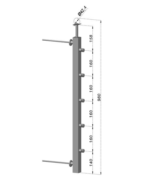 nerezový stĺp na francúzsky balkón, bočné kotvenie, 5 radový priechodný, vrch pevný, (40x40x2.0mm), brúsená nerez K320 /AISI304