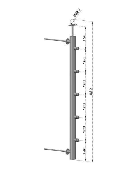 nerezový stĺp na francúzsky balkón, bočné kotvenie, 5 radový priechodný, vrch pevný, (ø 42.4x2mm), brúsená nerez K320 /AISI304