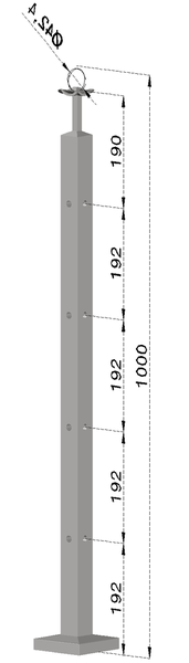 nerezový stĺp, vrchné kotvenie, 4 dierový rohový, vrch pevný (40x40mm), brúsená nerez K320 /AISI304