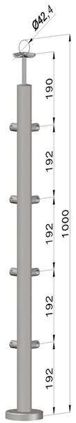 nerezový stĺp, vrchné kotvenie, 4 radový rohový: 90°, vrch pevný (ø 42.4x2mm), leštená nerez /AISI304