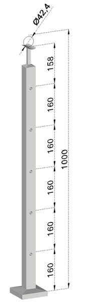 nerezový stĺp, vrchné kotvenie, 5 dierový koncový, vrch pevný (40x40mm), brúsená nerez K320 /AISI304