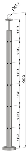 nerezový stĺp, vrchné kotvenie, 5 dierový, rohový: 90°, vrch pevný (ø 42.4x2mm), brúsená nerez K320 /AISI304