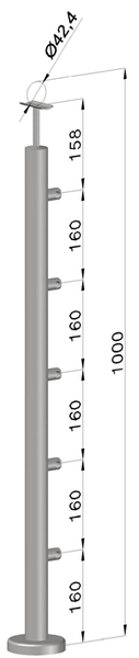 nerezový stĺp, vrchné kotvenie, 5 radový priechodný, vrch pevný (ø 42.4x2mm), leštená nerez /AISI304