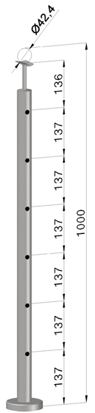 nerezový stĺp, vrchné kotvenie, 6 dierový koncový, vrch pevný (ø 42.4x2mm), brúsená nerez K320 /AISI316