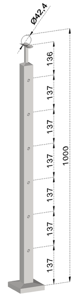 nerezový stĺp, vrchné kotvenie, 6 dierový priechodný, vrch pevný (40x40mm), brúsená nerez K320 /AISI304