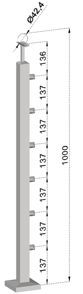 nerezový stĺp, vrchné kotvenie, 6 radový priechodný, vrch pevný (40x40mm), brúsená nerez K320 /AISI304