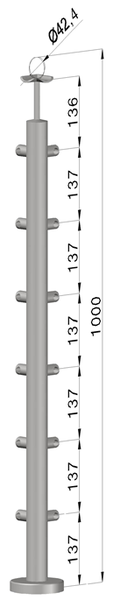 nerezový stĺp, vrchné kotvenie, 6 radový rohový: 90°, vrch pevný (ø 42.4x2mm), leštená nerez /AISI304